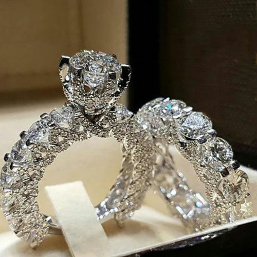 Zinc Set anillo de aleación, aleación de zinc, chapado, 2 piezas & unisexo & diverso tamaño para la opción & con diamantes de imitación, plateado, Vendido por Set