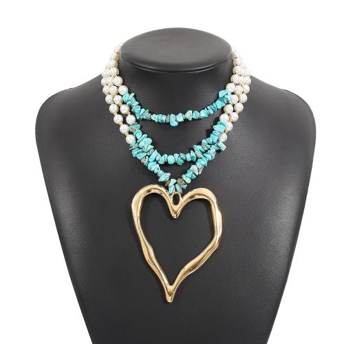 Zinc Alloy Necklace, with Synthetic Turquoise & Plastic Pearl, Heart, plated, multilayer & Bohemian style & for woman & hollow Approx 14.6-17.7 Inch 