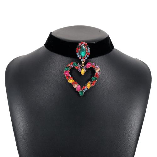 Zinc Alloy Choker Necklace, with Cloth, Heart, plated, for woman & with rhinestone & hollow Approx 12.2-15.35 Inch [