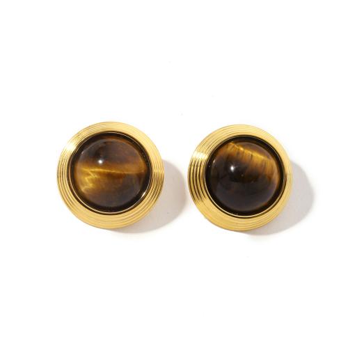Titanium Steel Earrings, with Tiger Eye & Plastic Pearl, Round, Vacuum Ion Plating, fashion jewelry & for woman 