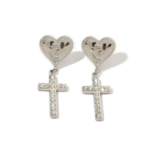 Titanium Steel Earrings, with Cubic Zirconia, Cross, fashion jewelry & for woman, original color 