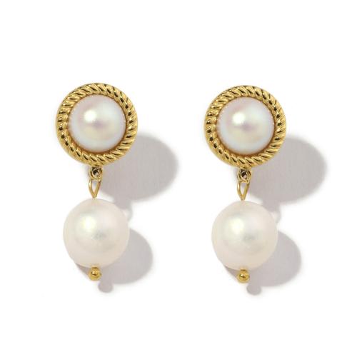 Titanium Steel Earrings, with Plastic Pearl, Round, Vacuum Ion Plating, fashion jewelry & for woman, white 