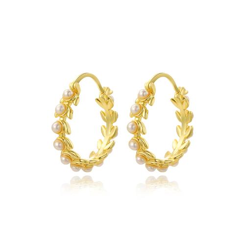 Brass Hoop Earring, with Plastic Pearl, 18K gold plated, fashion jewelry & for woman 