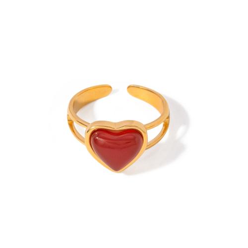 Stainless Steel Finger Ring, 304 Stainless Steel, with Red Agate, Heart, 18K gold plated, fashion jewelry & for woman, golden 