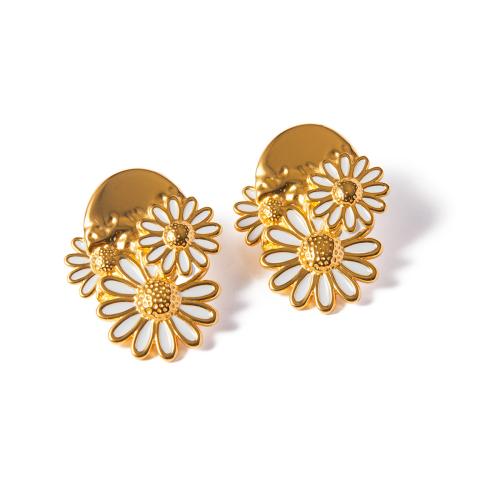 Stainless Steel Stud Earring, 304 Stainless Steel, Daisy, 18K gold plated, fashion jewelry & for woman & enamel, golden 