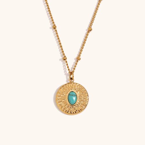 Stainless Steel Jewelry Necklace, 316L Stainless Steel, with turquoise, with 5cm extender chain, 18K gold plated, fashion jewelry & for woman, golden Approx 40 cm 