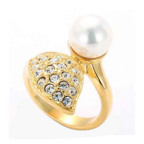 Rhinestone Stainless Steel Finger Ring, 304 Stainless Steel, with Shell Pearl, Vacuum Ion Plating, fashion jewelry & for woman & with rhinestone 