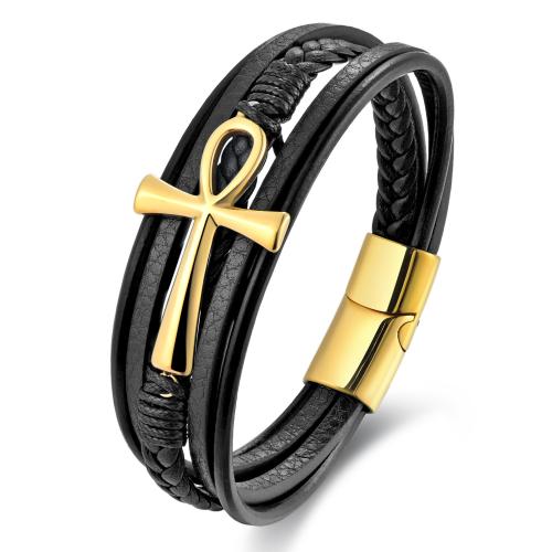 PU Leather Cord Bracelets, with 304 Stainless Steel, Cross, Vacuum Ion Plating, vintage & for man cm 