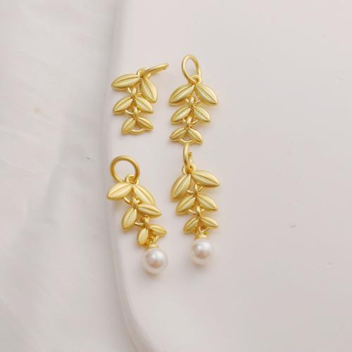 Brass Jewelry Pendants, with Plastic Pearl, Leaf, gold color plated, DIY 