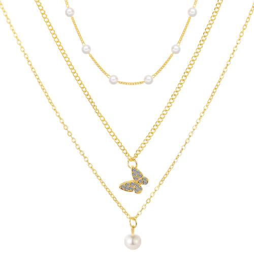 Mode-Multi-Layer-Halskette, Zinklegierung, mit Kristall & Kunststoff Perlen, drei Schichten & Modeschmuck & für Frau, Goldfarbe, Länge:51-80 cm, verkauft von PC