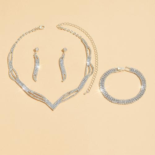 Brass Jewelry Set, Stud Earring & bracelet & necklace, three pieces & fashion jewelry & for woman & with rhinestone, silver color 