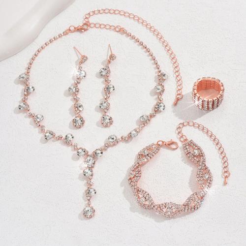 Rhinestone Zinc Alloy Jewelry Set, Stud Earring & finger ring & bracelet & necklace, plated, 4 pieces & fashion jewelry & for woman & with rhinestone 