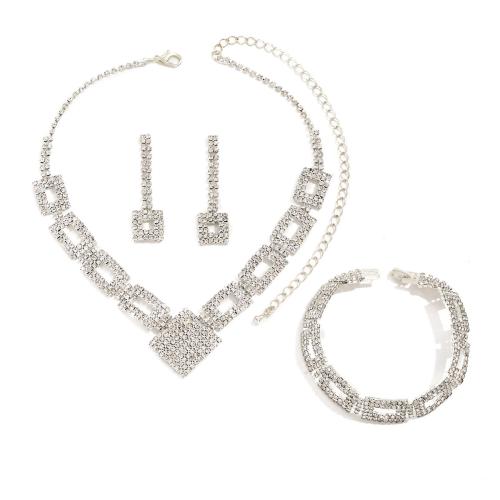 Brass Jewelry Set, Stud Earring & bracelet & necklace, plated, three pieces & for woman & with rhinestone, silver color 