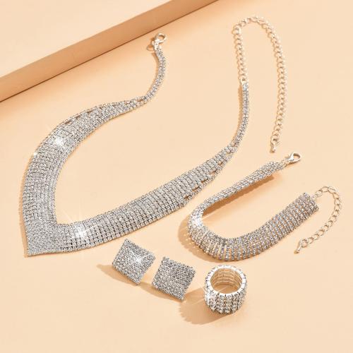 Rhinestone Zinc Alloy Jewelry Set, Stud Earring & finger ring & bracelet & necklace, plated, 4 pieces & fashion jewelry & for woman & with rhinestone, silver color 