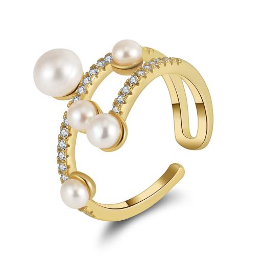 Cultured Freshwater Pearl Finger Ring, 925 Sterling Silver, with Freshwater Pearl, plated, micro pave cubic zirconia & for woman, golden [