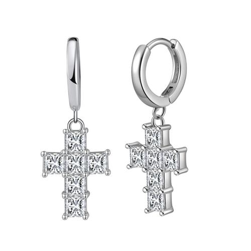 Cubic Zirconia Micro Pave Sterling Silver Earring, 925 Sterling Silver, Cross, plated, micro pave cubic zirconia & for woman, platinum color, 26mm 