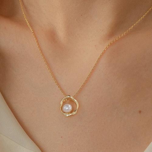 Sterling Silver Pearl Necklace, 925 Sterling Silver, with Freshwater Pearl, plated, for woman, golden Approx 45 cm 