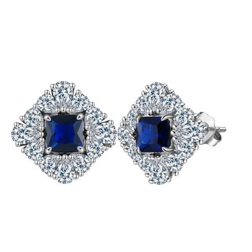 Cubic Zirconia Micro Pave Sterling Silver Earring, 925 Sterling Silver, with Sapphire, plated, micro pave cubic zirconia & for woman, platinum color, 17mm 