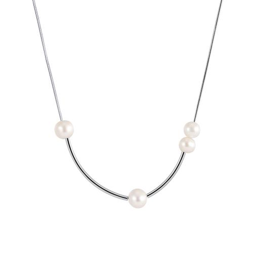 Sterling Silver Pearl Necklace, 925 Sterling Silver, with Freshwater Pearl, with 5CM extender chain, plated, for woman, platinum color Approx 40 cm 