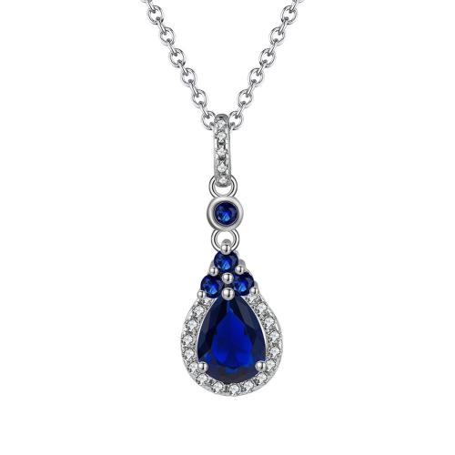 Cubic Zirconia Micro Pave Sterling Silver Necklace, 925 Sterling Silver, with Sapphire, plated, micro pave cubic zirconia & for woman, platinum color Approx 45 cm 
