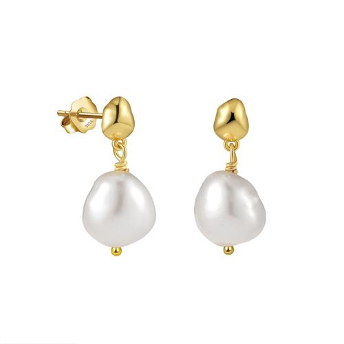 Sterling Silver Natural Pearl Stud Earring, 925 Sterling Silver, with Freshwater Pearl, plated, for woman, golden, 21mm 