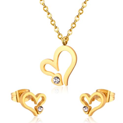 304 Stainless Steel Jewelry Set, Stud Earring & necklace, gold color plated, 2 pieces & for woman & with rhinestone Approx 17.7 Inch 