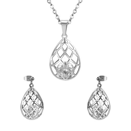 304 Stainless Steel Jewelry Set, earring & necklace, 2 pieces & micro pave cubic zirconia & for woman Approx 17.7 Inch 