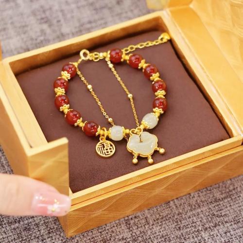 Red Agate Bracelet, with Zinc Alloy, gold color plated, vintage & for woman Approx 6-8 Inch 