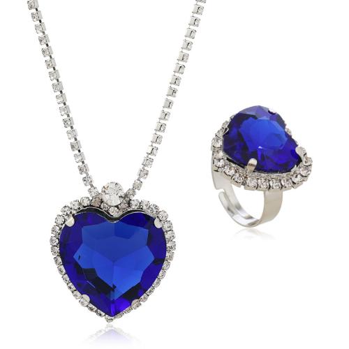Zinc Alloy Jewelry Set, finger ring & necklace, with Glass, Heart, platinum color plated, 2 pieces & for woman & with rhinestone, US Ring  Approx 45 cm 