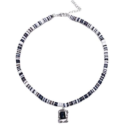 Fimo Schmuck Halskette, Polymer Ton, mit Kristall & Zinklegierung, mit Verlängerungskettchen von 6cm, Modeschmuck & für Frau, weiß und schwarz, Länge:ca. 43 cm, verkauft von PC[