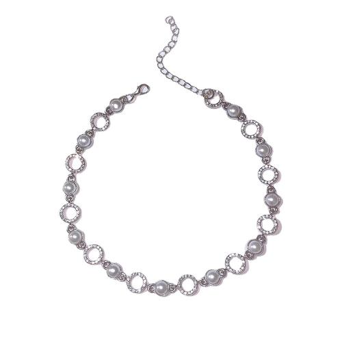 Rhinestone Zinc Alloy Necklace, with Plastic Pearl, with 7cm extender chain, fashion jewelry & for woman & with rhinestone, silver color Approx 32 cm 