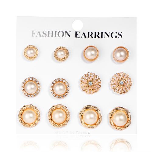 Plastic Pearl Zinc Alloy Earring, with Plastic Pearl, 6 pieces & for woman & with rhinestone, golden 
