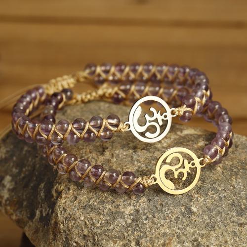 Quartz Bracelets, Amethyst, with Cotton Thread & 304 Stainless Steel, handmade, fashion jewelry & for woman cm [