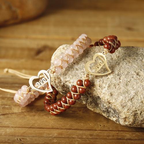Gemstone Bracelets, Rose Quartz, with Wax Cord & Red Jasper & 304 Stainless Steel, Heart, handmade, fashion jewelry & for woman Approx 16-26 cm 
