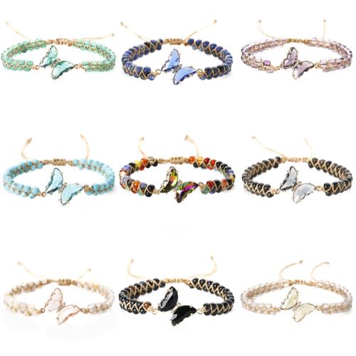 Gemstone Bracelets, with Wax Cord, Butterfly, handmade, Double Layer & for woman Approx 16-26 cm 