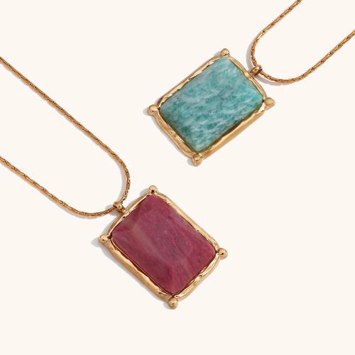 Gemstone Necklaces, 316L Stainless Steel, with Natural Stone, with 5cm extender chain, Rectangle, 18K gold plated, fashion jewelry & for woman, golden Approx 40 cm 