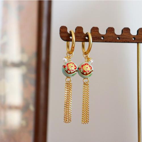 Brass Drop Earring, with ABS Plastic Pearl, plated, fashion jewelry & enamel, golden 