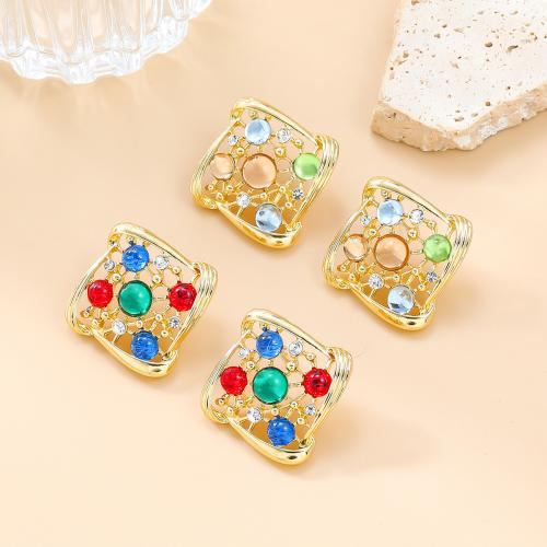 Resin Zinc Alloy Earring, with acrylic rhinestone & Resin, Square, fashion jewelry & for woman & hollow 
