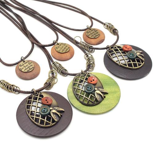 Zinc Alloy Necklace, with leather cord & Wood, vintage & for woman cm 
