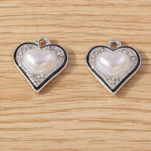 Zinc Alloy Heart Pendants, with Plastic Pearl, plated, DIY & micro pave cubic zirconia, silver color 
