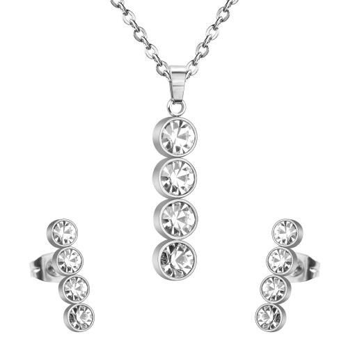 304 Stainless Steel Jewelry Set, Stud Earring & necklace, plated, 2 pieces & micro pave cubic zirconia & for woman Approx 17.7 Inch 