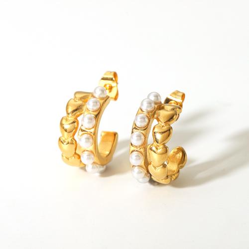 Edelstahl Stud Ohrring, 304 Edelstahl, mit Kunststoff Perlen, 18K vergoldet, Modeschmuck & für Frau, goldfarben, 19.1x8.4mm, verkauft von Paar