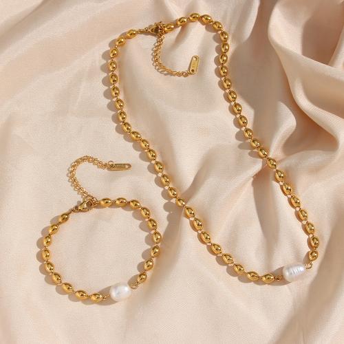 Conjuntos de joyería de acero inoxidable, acero inoxidable 304, con Perlas plásticas, Recubrimiento iónico al vacío, para mujer, dorado, longitud:aproximado 39 cm, aproximado 16 cm, Vendido por UD