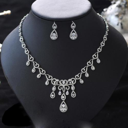 Cubic Zirconia Micro Pave Brass Jewelry Sets, Stud Earring & necklace, 2 pieces & fashion jewelry & micro pave cubic zirconia & for woman, silver color Approx 42 cm 