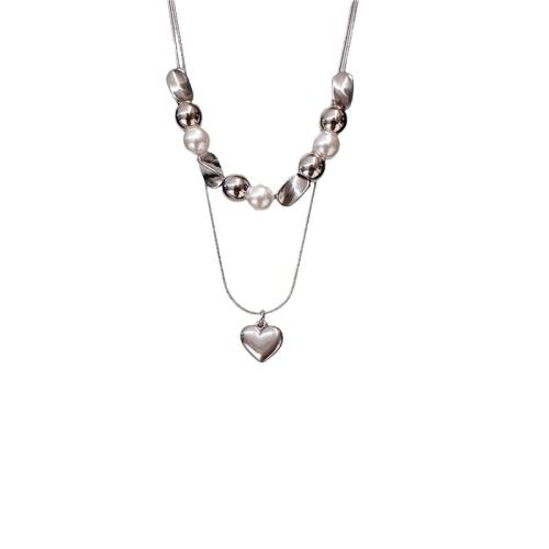 Titanium Steel Jewelry Necklace, with Plastic Pearl, with 5cm extender chain, handmade, Double Layer & fashion jewelry & for woman, original color Approx 40 cm, Approx 45 cm [