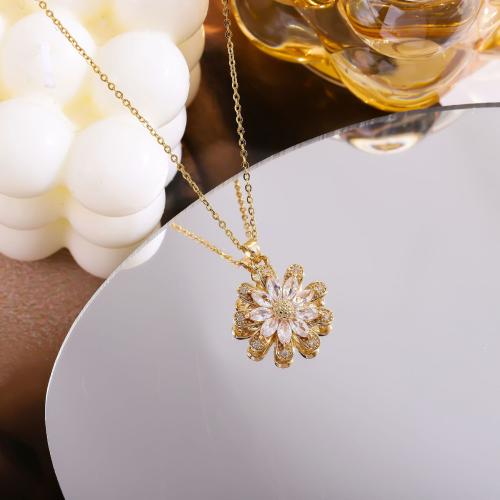 Titanium Steel Jewelry Necklace, with 5CM extender chain, Flower, gold color plated, micro pave cubic zirconia & for woman cm 