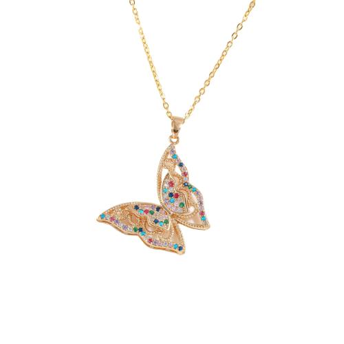 Titan Schmuck Halskette, Titanstahl, Schmetterling, goldfarben plattiert, Micro pave Zirkonia & für Frau, farbenfroh, Länge:45 cm, verkauft von PC