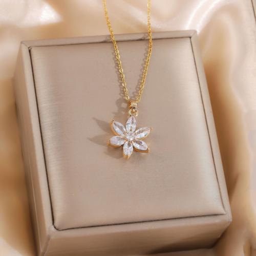 Titanium Steel Jewelry Necklace, Flower, gold color plated, micro pave cubic zirconia & for woman 