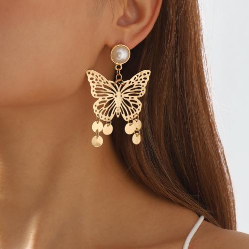 Plastic Pearl Zinc Alloy Earring, Iron, with Plastic Pearl & Zinc Alloy, Butterfly, fashion jewelry 70mm 