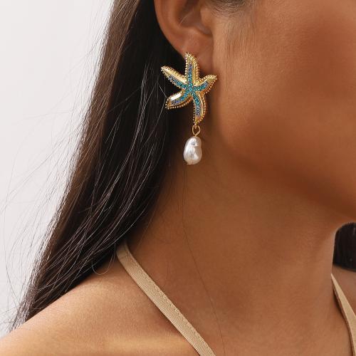 Plastic Pearl Zinc Alloy Earring, with Plastic Pearl, Starfish, plated, fashion jewelry & with rhinestone 